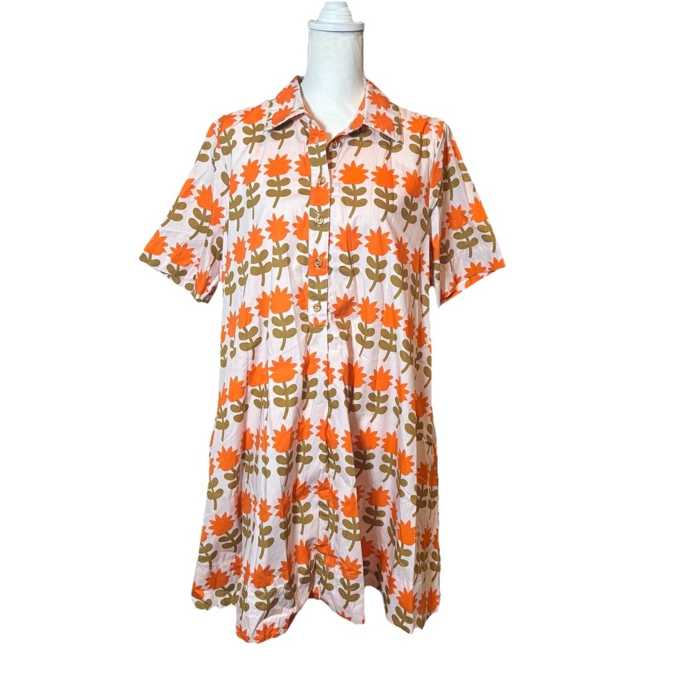 Uncle Frank Dress Size L Retro Floral Shift Tunic Orange Pink Mod Short Sleeve